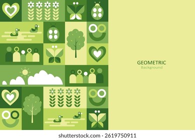 A clean geometric nature-themed background featuring abstract icons of trees, butterflies, flowers, people, and hearts with copy space for text. The design is eco-friendly and sustainable.