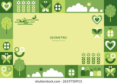 A clean geometric nature-themed background featuring abstract icons of trees, butterflies, flowers, people, and hearts with copy space for text. The design is eco-friendly and sustainable.