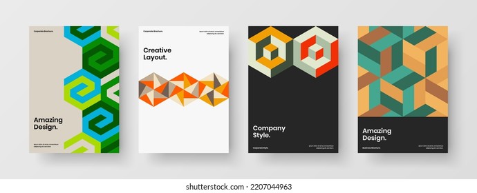 Clean geometric shapes front page layout set. Multicolored corporate brochure vector design concept bundle.