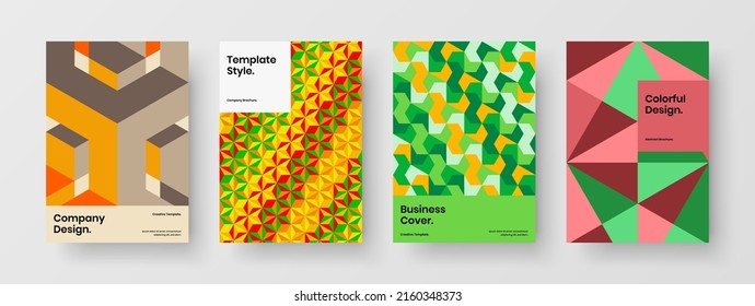 Clean geometric shapes leaflet concept bundle. Vivid corporate brochure A4 vector design illustration set.