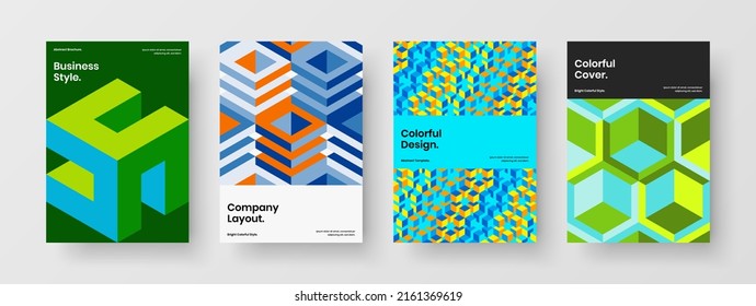 Clean geometric shapes pamphlet illustration composition. Vivid book cover vector design template bundle.