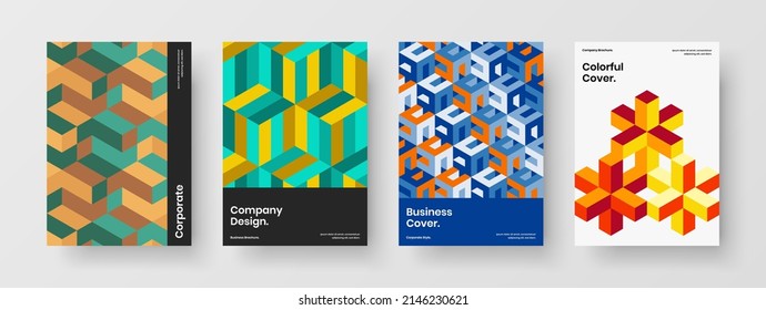 Clean geometric shapes placard layout collection. Bright handbill A4 design vector template set.