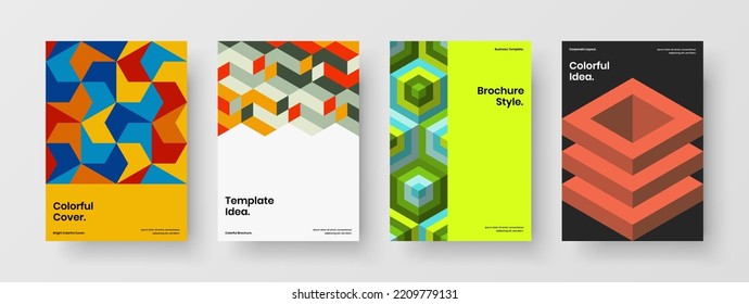 Clean geometric tiles handbill template set. Original journal cover A4 vector design illustration composition.