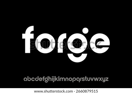 Clean, geometric typeface with a futuristic look and the word "forge" emphasized in all caps. A complete alphabet of lowercase letters is featured at the bottom with a modern grey font.