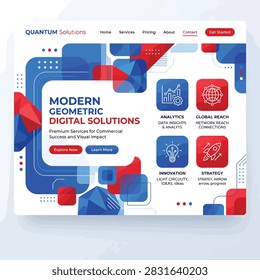 Clean geometric webpage layout for digital solutions and analytics services