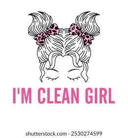 i'm clean girl half of a woman's face with two buns on her head, leopard print pussy and closed eyesmwhite background Vector for silkscreen, dtg, dtf, t-shirts, signs, banners, Subimation Jobs or for 