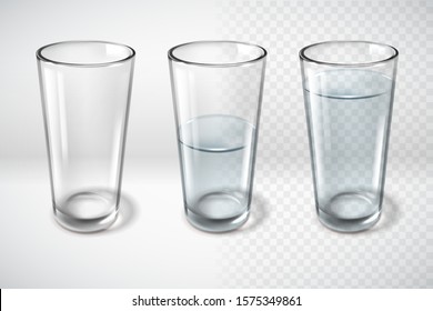 Clean glasses. Different water levels on a white and transparent background. Simple vector illustration. Realistic style
