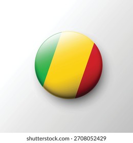 Una insignia circular 3D limpia y brillante con la bandera de Mali, con sus rayas verdes, amarillas y rojas Verticales en tonos degradados suaves.
