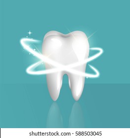 Clean and glossy 3d realistic tooth isolated on blue background. Protection  concept. Vector illustration