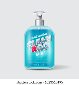 Clean and Go Antiseptic label and packaging. Bottle with dispenser and transparent liquid. Sanitizer, Antiseptic, Virus Protection for hands and body. Dynamic silver lettering on blue background.