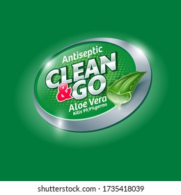 Clean and Go. Hands Antiseptic logo and label with Aloe Vera. Sanitizer, antiseptic and virus protection for hands and body. Glossy letters and leaf of Aloe Vera.