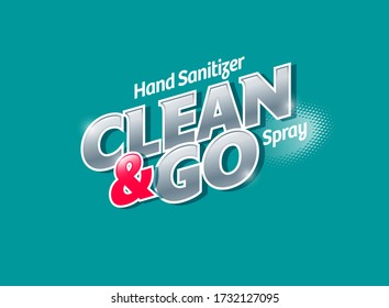 Clean and Go logo. Sanitizer spray, antiseptic and virus protection. Sanitizer for hands and body. Glossy lettering on turquoise background.