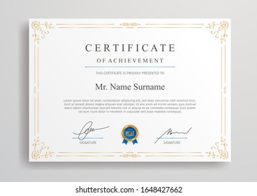 Clean gold and blue certificate of appreciation border template with badge vector