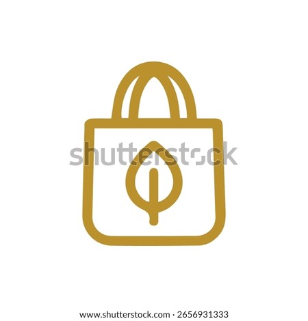A clean golden line icon of a reusable shopping bag featuring a prominent leaf design. This visual represents eco-friendly consumption and sustainable living practices.
