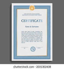 Clean, graphic certificate or diploma template. Blue and gold vertical frame on a gray grid background. Gratitude, victory and reward. Vector illustration.