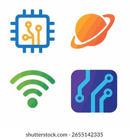 A clean graphic design featuring four square icons. These icons depict a computer processor, a stylized planet with rings, a Wi-Fi signal, and a circuit board.