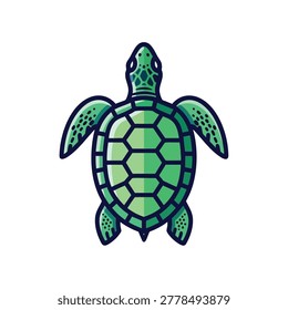A clean graphic design featuring a top view of a swimming sea turtle with geometric shell patterns and bold outline style.