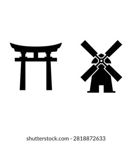 A clean graphic design featuring two distinct black silhouettes side by side representing a traditional Japanese torii gate and a classic European style windmill on a plain white background.