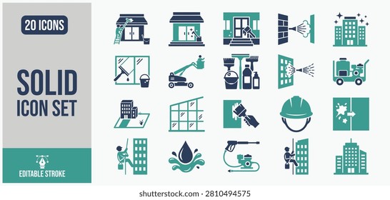 A clean graphic design set depicting exterior building maintenance and window washing for property upkeep. Ideal for service industry advertising.