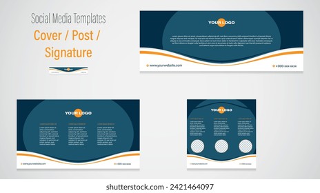 Clean graphic design templates to various social media platforms, customized for cover, posts, signature, arranged on separate layers