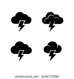 A clean graphic displays four different black cloud shapes, each with a lightning bolt extending downward, set against a bright white background. Great for weather designs.