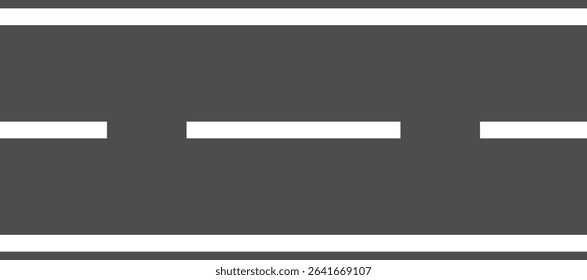 Clean graphic of a highway surface from a top down perspective, featuring classic road stripes. Perfect for backgrounds related to infrastructure, driving, or navigating urban and rural landscapes