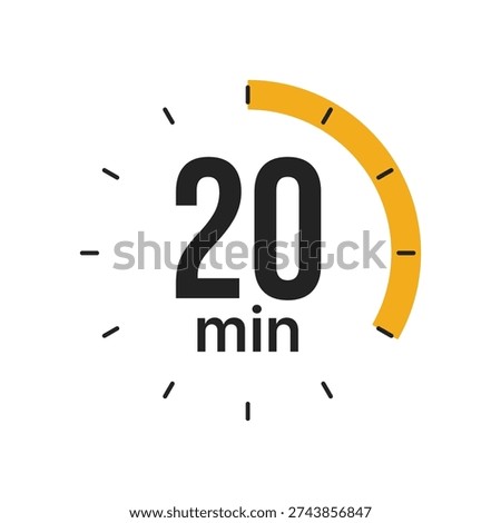 A clean graphic icon representing a 20-minute duration. It features the number 20 and the abbreviation min in black, surrounded by a circular clock face with a yellow arc highlighting the twenty-minute segment. Ideal for time management, cooking instructions, or workout intervals.