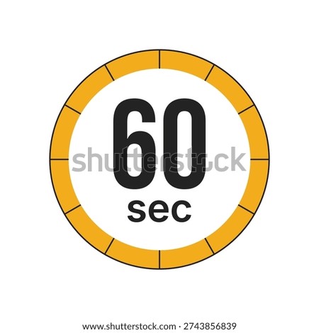 A clean graphic illustration of a 60 second timer or countdown clock. The design features a white circle with the number 60 and sec text in black, surrounded by a yellow segmented progress ring. Ideal for representing time limits, short durations, or one minute intervals.