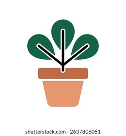 Clean, graphic illustration displaying a simple plant in a pot. Three round, green leaves emerge from a terracotta-colored pot with clean, minimalist styling.