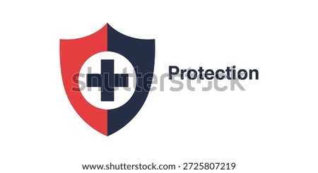 A clean graphic illustration features a shield icon split into red and dark blue halves, containing a white circle with a black medical cross, positioned next to the dark text "Protection" on a simple white background, symbolizing health, safety, and medical security