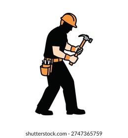 A clean graphic illustration of a professional builder silhouette in profile. Featuring an orange hard hat, tool belt, and hammer, this image is ideal for industrial, construction, and repair themes.
