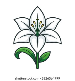 A clean graphic illustration of a single white lily flower with green leaves and yellow stamen on a white background