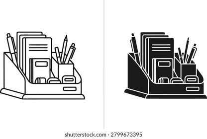 Clean graphic a modern desk organizer holding stationery items. Perfect for business or educational content.
