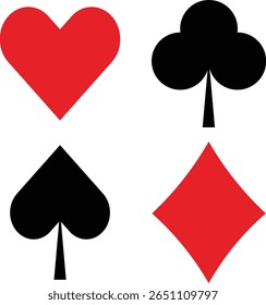 A clean, graphic representation of the four standard playing card suits: hearts, clubs, spades, and diamonds. The suits are depicted in their traditional red and black colors against a white backdrop.