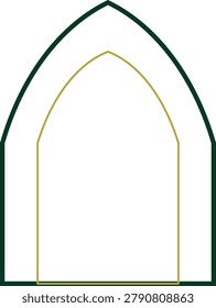 A clean graphic representation of a Gothic pointed arch with a thick forest green border and a thin gold outline