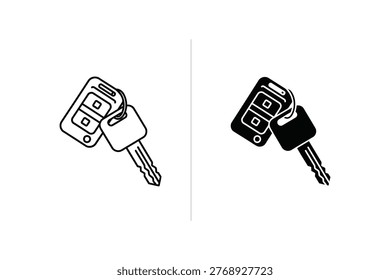 A clean, graphic representation of a modern car key fob with buttons and a traditional metal key, presented in both outline and solid silhouette styles. Ideal for automotive, security, or transportation themes.