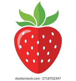 Uma representação gráfica limpa de um morango com frutos vermelhos vibrantes e folhagem verde contrastante, perfeitamente centrada em um fundo branco puro.