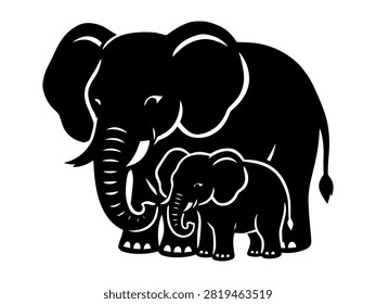 A clean graphic silhouette illustration showing a mother elephant standing protectively next to her cute little baby calf elephant