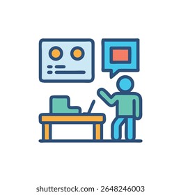 Clean Graphic Style stellt Datenvisualisierung, Kommunikation und Teamarbeit dar. Stellt eine Person dar, die Informationen in einer kollaborativen Büroumgebung präsentiert.