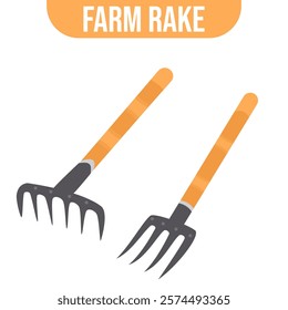 A clean graphic of traditional farming rakes with wooden handles and metal teeth, ideal for use in agricultural, gardening, or eco-themed design projects