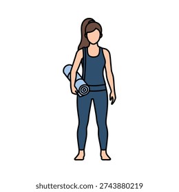 A clean, graphic vector illustration of a healthy young woman in navy blue leggings and a sports bra, holding a light blue yoga mat. Perfect for fitness, wellness, and active lifestyle themes.