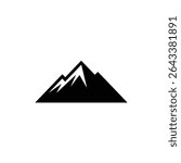 Clean, graphic vector illustration shows a mountain with rugged, snowy peaks. Simple black silhouette against a white backdrop. Isolated, mountain icon for design projects.