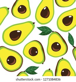 Clean graphic vector seamless repeat pattern with glossy yellow green avocado cut in half and leaves