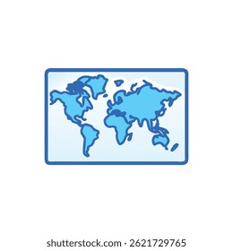 Gráfico limpio de un mapa del mundo enmarcado en azul sobre blanco. Estilo de contorno con continentes azul claro.