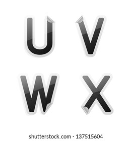 Clean gray vector sticker alphabet, u, v, w, x