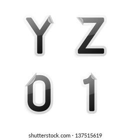 Clean gray vector sticker alphabet, y, z, 0, 1