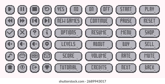 Limpar botões de pixel em tons de cinza para interfaces de jogo retro ou indie-style.
