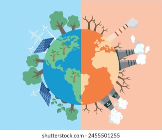 clean green earth because of uses alternative energy sources and dirty earth due to industrial environmental pollution vector illustration.