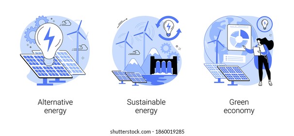 Clean green energy abstract concept vector illustration set. Alternative energy, sustainable eco system, renewable sources, wind turbine, solar panels, green economy, eco friendly abstract metaphor.