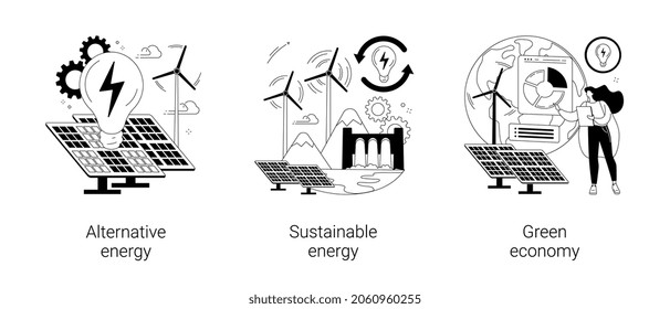 Conjunto de ilustraciones vectoriales de concepto abstracto de energía verde limpia. Energía alternativa, ecosistema sostenible, fuentes renovables, turbinas eólicas, paneles solares, economía verde, metáfora abstracta ecológica.